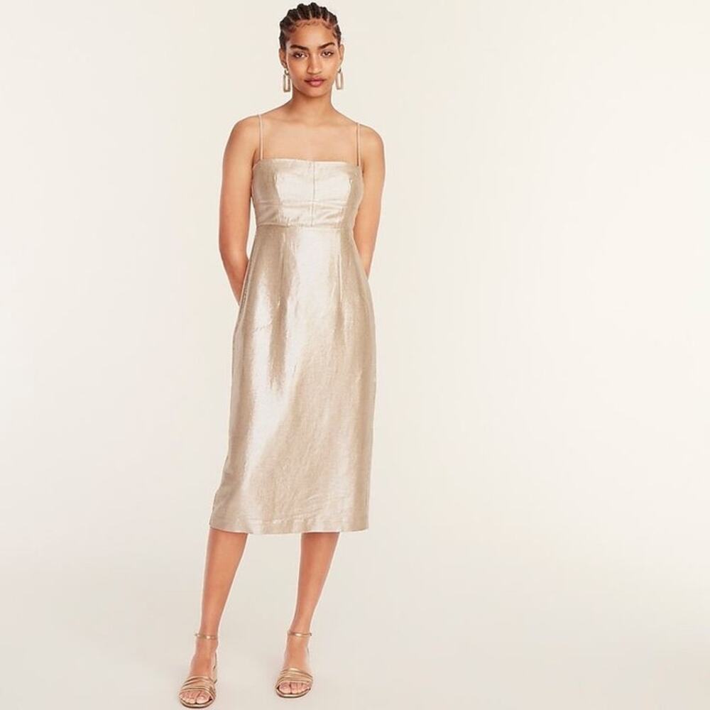 New‎ with Tags J.Crew Collection Gold Metallic Party Linen Blend Dress Size 2